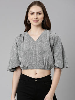 SHOWOFF - Womens V-Neck Glitter Flared Sleeves Silver Crop Top