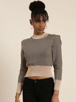 SHOWOFFFF - Womens High Neck Checked Puff Sleeves Taupe Crop Top