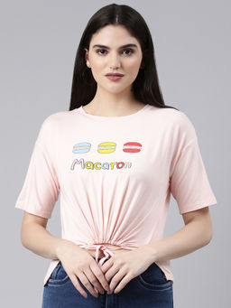 SHOWOFFFF - Womens Round Neck Printed Pink Cinched Waist Crop Top