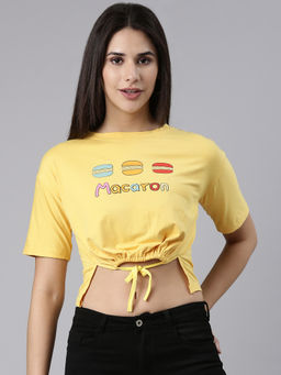 SHOWOFFFF - Womens Round Neck Printed Yellow Cinched Waist Crop Top