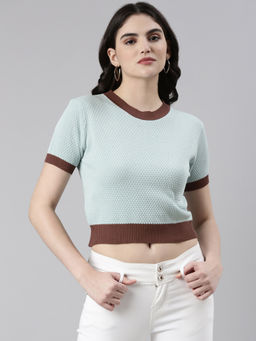 SHOWOFFFF - Womens Round Neck Sea Green Crop Top