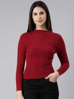 SHOWOFFFF - Womens High Neck Solid Maroon Fitted Regular Top