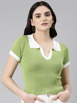 SHOWOFFFF - Womens Above The Keyboard Collar Solid Green Regular Crop Top