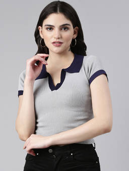 SHOWOFFFF - Womens Above The Keyboard Collar Solid Grey Crop Top