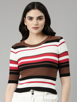 SHOWOFFFF - Womens Round Neck Colourblocked Coffee Brown Fitted Regular Top