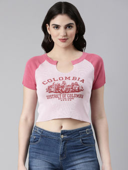 SHOWOFFFF - Womens Round Neck Printed Raglan Sleeves Pink Crop Top