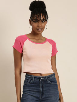 SHOWOFFFF - Womens Round Neck Colourblocked Raglan Sleeves Peach Crop Top