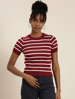 SHOWOFFFF - Womens Round Neck Striped Regular Sleeves Fitted Maroon Top