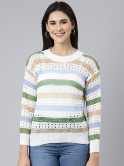 SHOWOFFFF - Womens Round Neck Striped Regular Multi Top