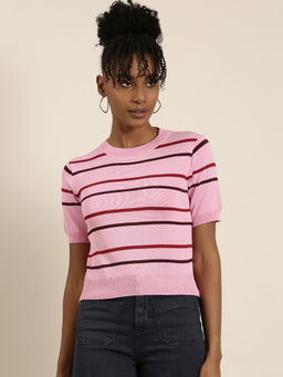 SHOWOFFFF - Womens High Neck Stripes Pink Regular Top