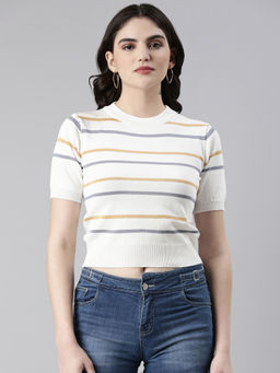SHOWOFFFF - Womens Round Neck Striped White Crop Top