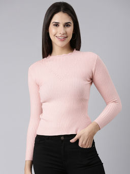 SHOWOFFFF - Womens High Neck Solid Pink Fitted Regular Top