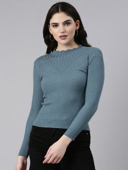 SHOWOFFFF - Womens High Neck Solid Teal Fitted Regular Top