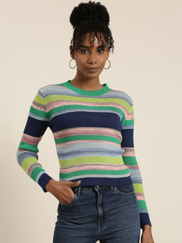SHOWOFFFF - Womens Round Neck Striped Multi Regular Top