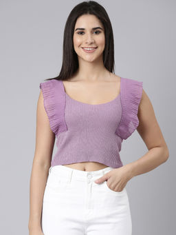 SHOWOFFFF - Womens V-Neck Solid Purple Crop Top