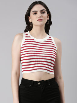 SHOWOFFFF - Womens Round Neck Striped Sleeveless White Crop Tank Top