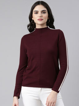 SHOWOFFFF - Womens High Neck Solid Regular Sleeves Fitted Top