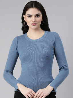 SHOWOFF - Womens Round Neck Solid Blue Regular Top