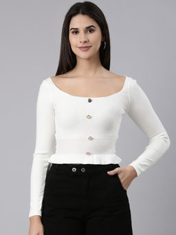 SHOWOFFFF - Womens Scoop Neck Solid White Fitted Crop Top