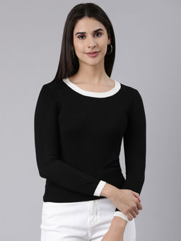 SHOWOFFFF - Womens Round Neck Solid Black Fitted Regular Top