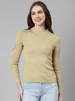 SHOWOFF - Womens High Neck Solid Beige Fitted Regular Top