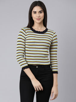 SHOWOFFFF - Womens Round Neck Striped Regular Sleeves Fitted Multi Top