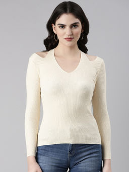 SHOWOFFFF - Womens Solid Regular Cream Top