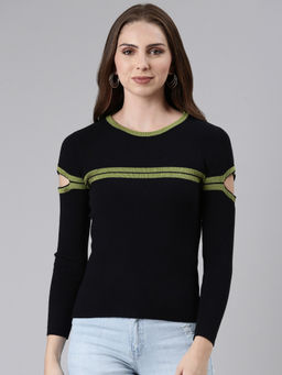 SHOWOFFFF - Womens Round Neck Striped Cold-Shoulder Sleeves Regular Black Top