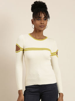 SHOWOFFFF - Womens Round Neck Stripes Full Sleeves Regular Cream Top
