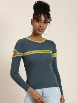 SHOWOFFFF - Womens Round Neck Stripes Full Sleeves Regular Teal Top