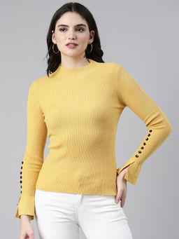 SHOWOFFFF - Womens High Neck Solid Regular Sleeves Fitted Yellow Top
