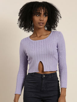 SHOWOFF - Womens Round Neck Self Design Regular Sleeves Fitted Lavender Crop Top
