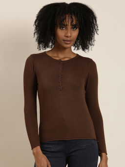 SHOWOFFFF - Womens Round Neck Solid Regular Coffee Brown Top
