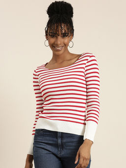 SHOWOFFFF - Womens Scoop Neck Striped Regular Sleeves Fitted White Top