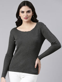 SHOWOFFFF - Womens Round Neck Solid Regular Sleeves Fitted Grey Top