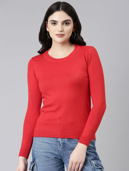 SHOWOFFFF - Womens Round Neck Solid Regular Sleeves Fitted Red Top
