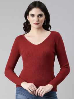 SHOWOFFFF - Womens V-Neck Solid Regular Maroon Top