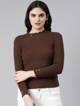 SHOWOFFFF - Womens High Neck Solid Regular Sleeves Fitted Coffee Brown Top