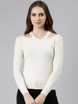 SHOWOFF - Womens Solid Regular Sleeves Fitted Off White Top