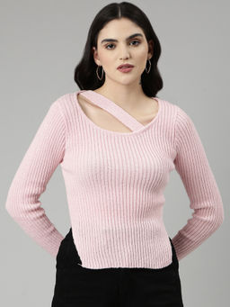 SHOWOFFFF - Womens Scoop Neck Solid Regular Sleeves Fitted Pink Top