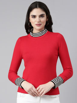 SHOWOFFFF - Womens High Neck Solid Red Regular Top
