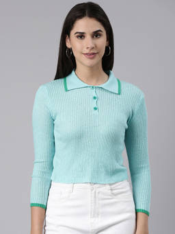 SHOWOFFFF - Womens Above The Keyboard Collar Solid Regular Sleeves Fitted Turquoise Blue Regular Top