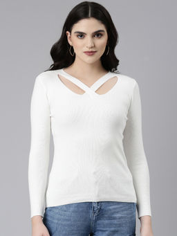 SHOWOFFFF - Womens V-Neck Solid White Fitted Regular Top
