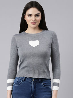SHOWOFFFF - Womens Round Neck Grey Fitted Regular Top
