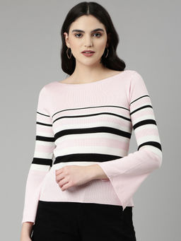 SHOWOFF - Womens Boat Neck Striped Bell Sleeves Fitted Pink Top