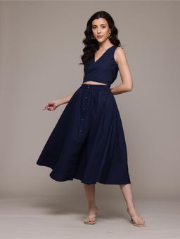 Label Ritu Kumar - Women Navy Blue Solid Top with Skirt (Set of 2)
