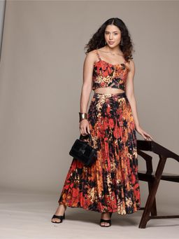 Label Ritu Kumar - Women Black Floral Top with Skirt (Set of 2)