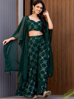 HOUSE OF JAMOTI - Women Green Embroidered Co-Ord (Set of 3)