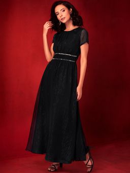 FabAlley - Black Lurex Embellished Waist Maxi Dress