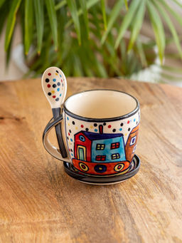 ExclusiveLane - The Hut Jumbo Cuppas Hand-Painted Ceramic Soup & Coffee Mug with Coaster and Spoon